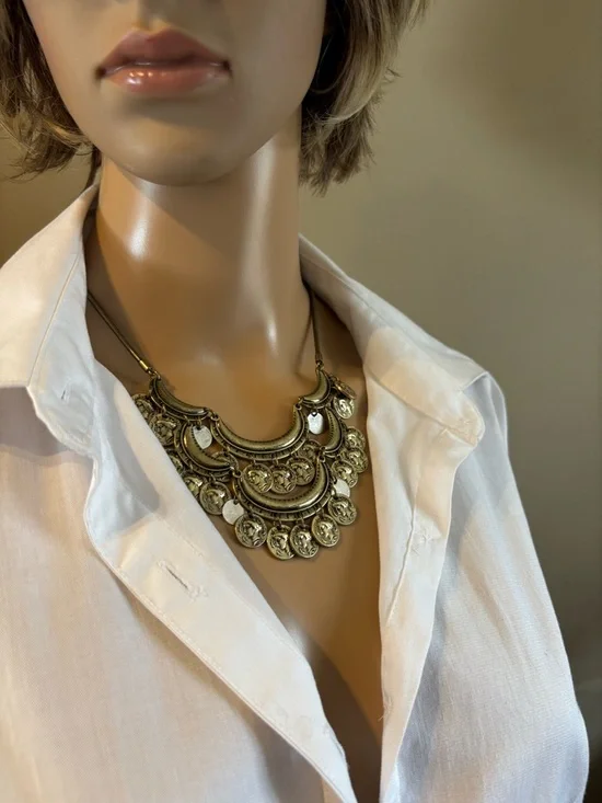 Jenny Bird Vintage-Style Coin Bib Statement Necklace – Antique Brass & Silver - Picture 10 of 14